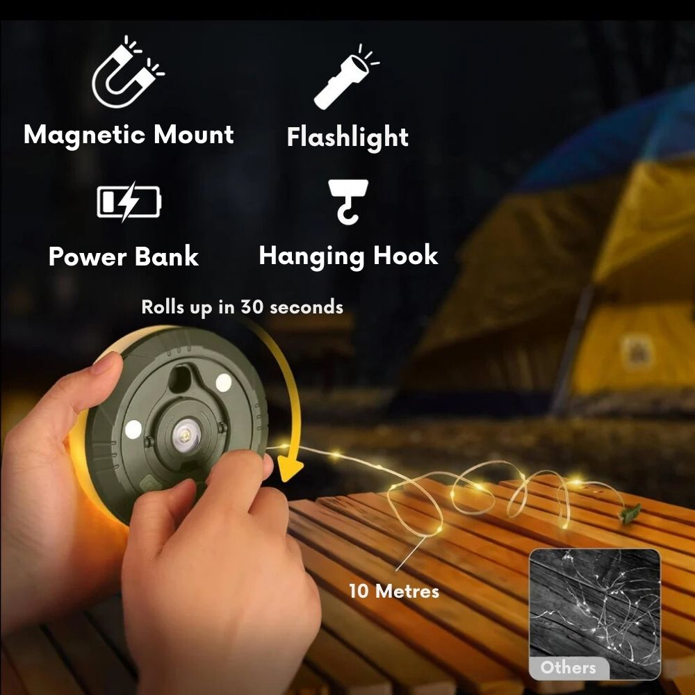 String light with magnetic mount, flashlight, power bank, and hanging hook features, used outdoors.