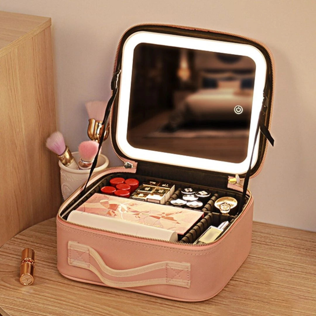 LED travel makeup case with light up mirror for cosmetics and beauty storage