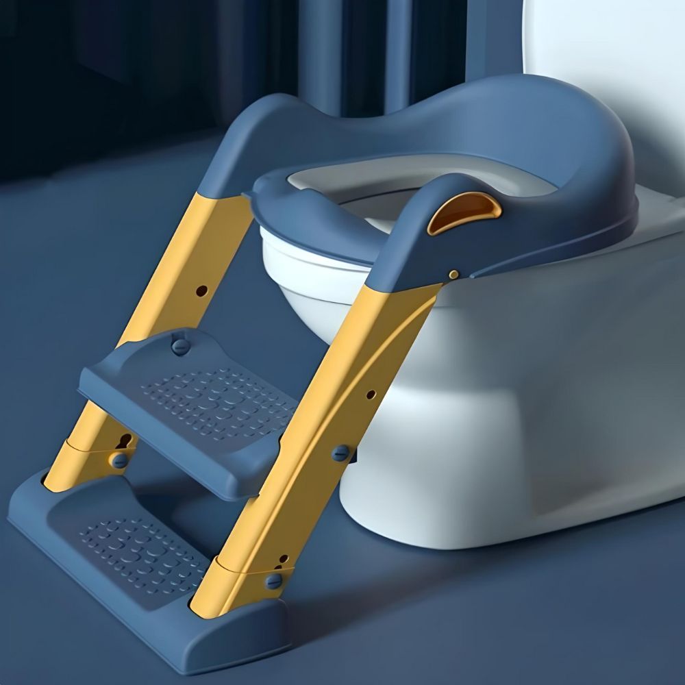 Toddler using LittleLift potty training ladder to climb onto toilet