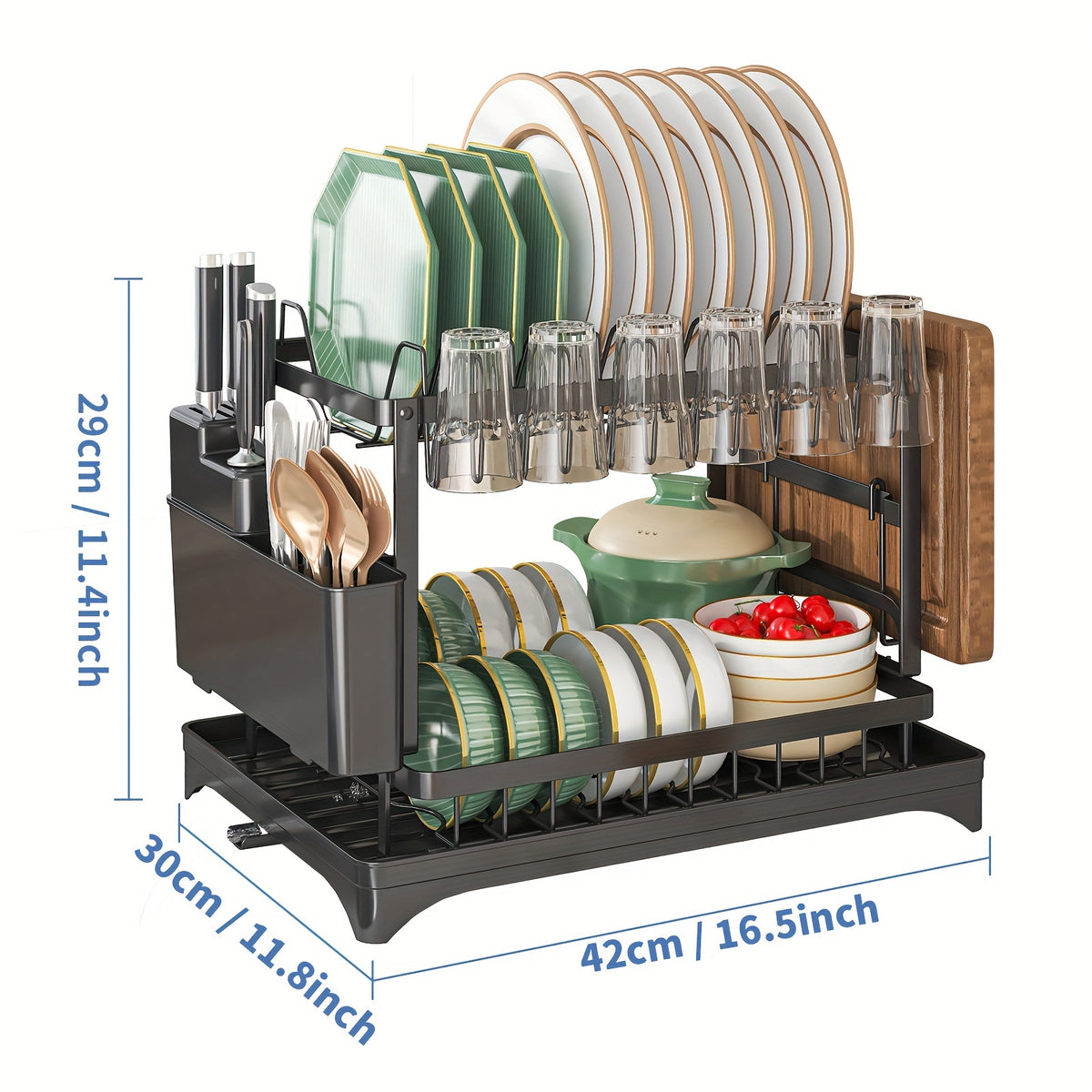 Double layer kitchen dish drying rack with cutlery holder and drain tray