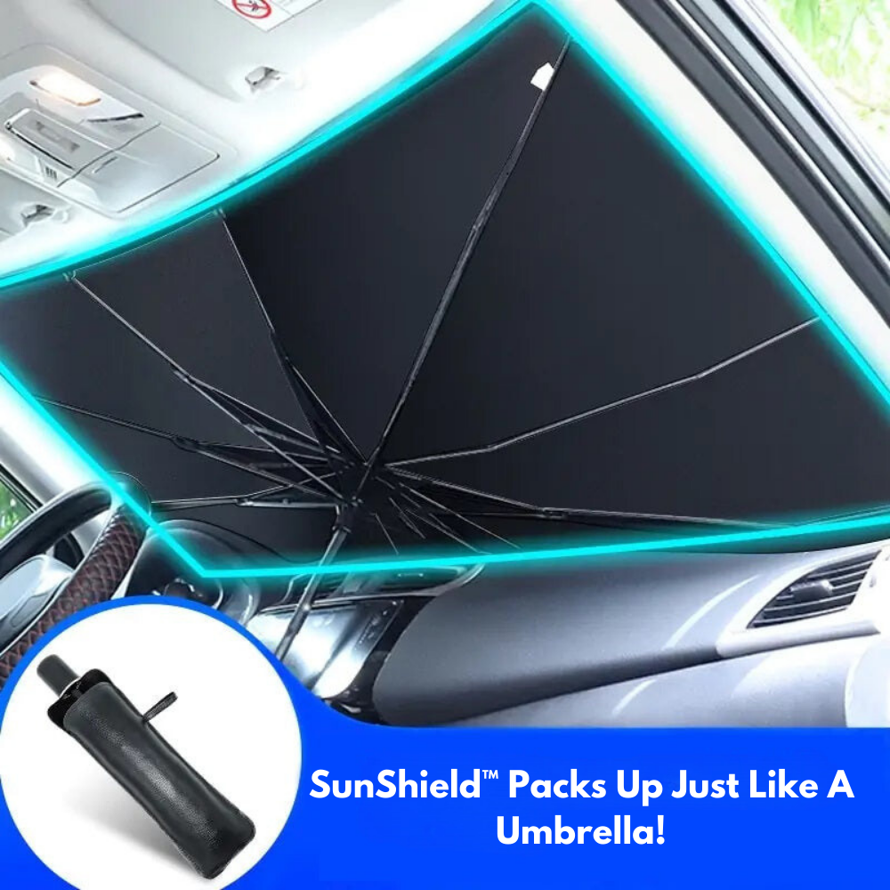 Driver using umbrella-style car shade to reduce sun exposure