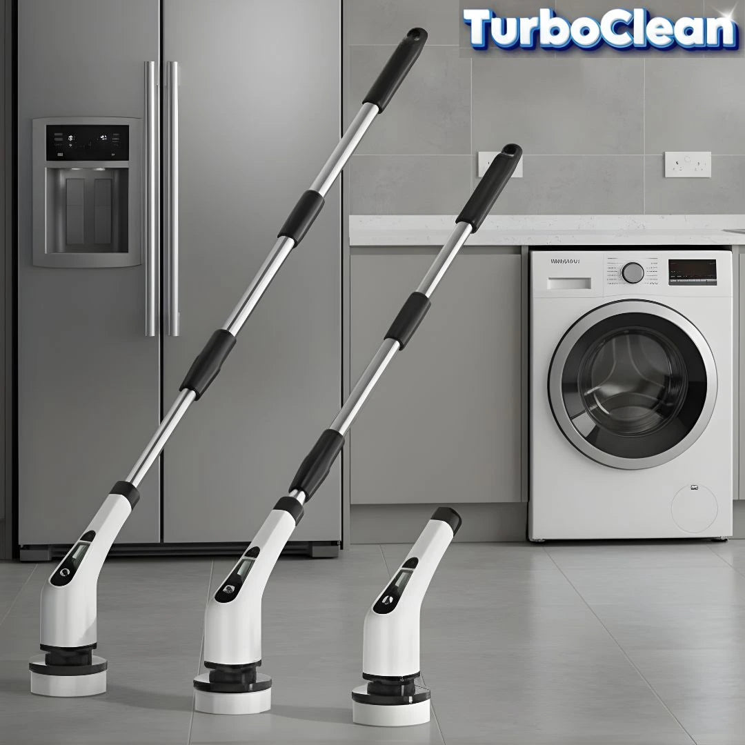 TurboClean cleaning tools in a laundry room setting with a refrigerator and washing machine.