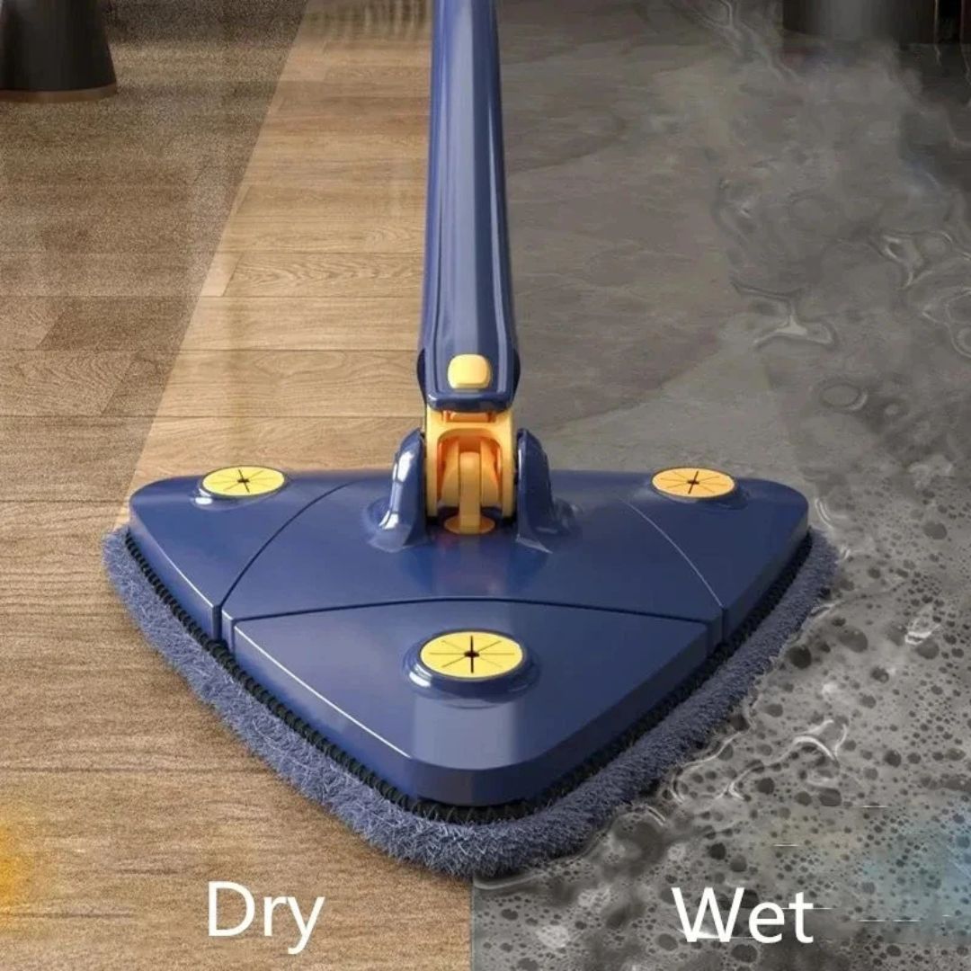 Cleaning tool showing dry and wet modes on a wooden floor.