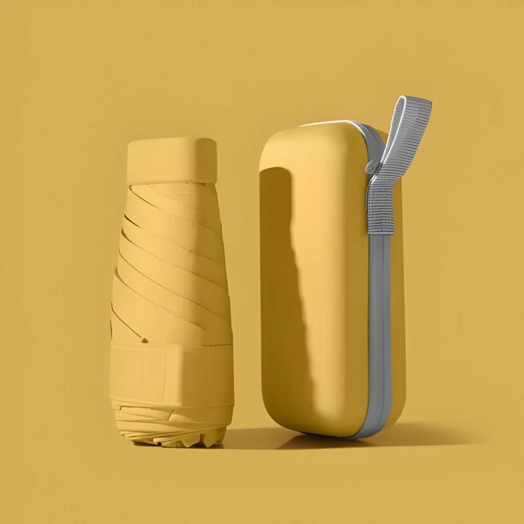 Portable travel umbrella covering two people in rain