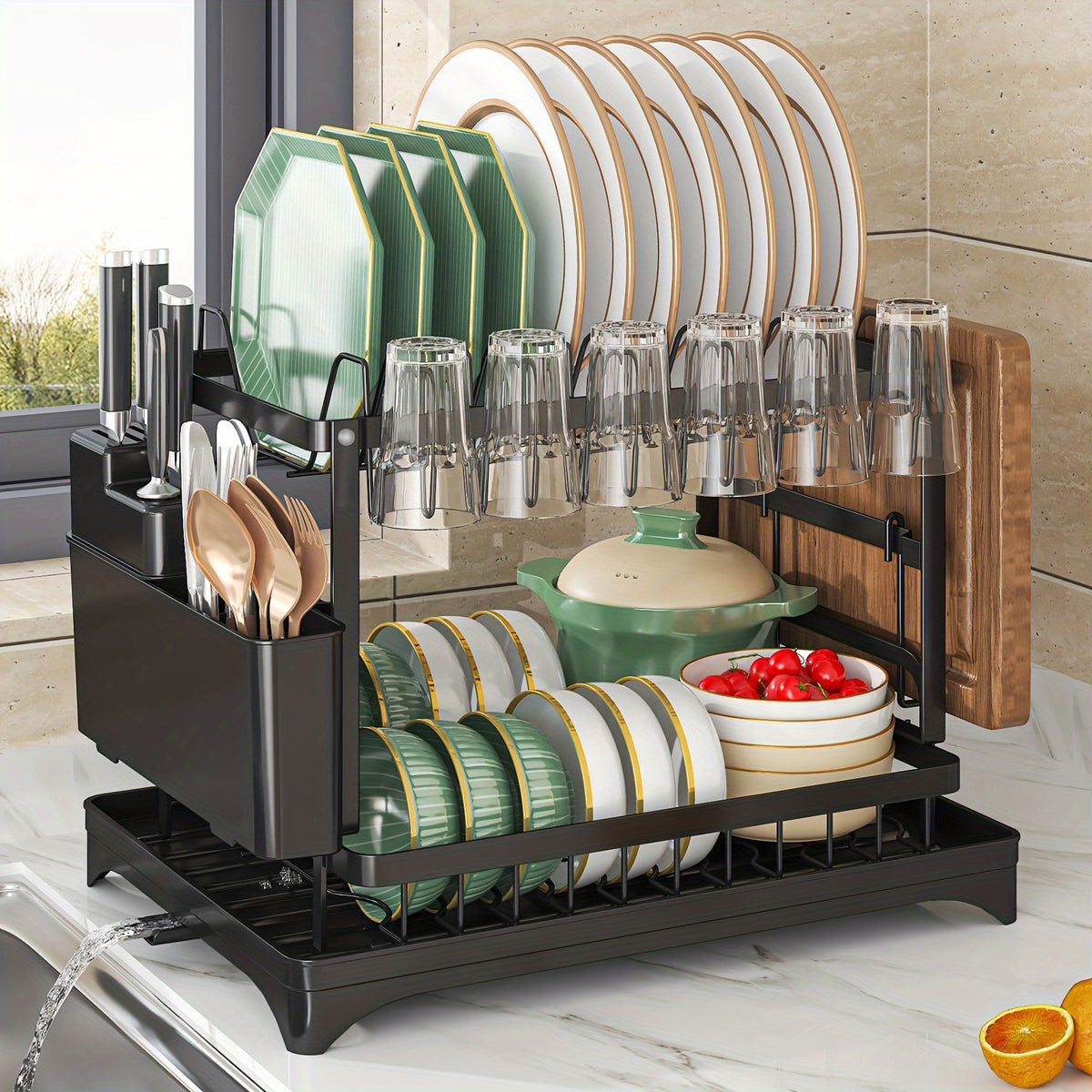 Black 2-tier dish rack with chopping board holder and cup hooks