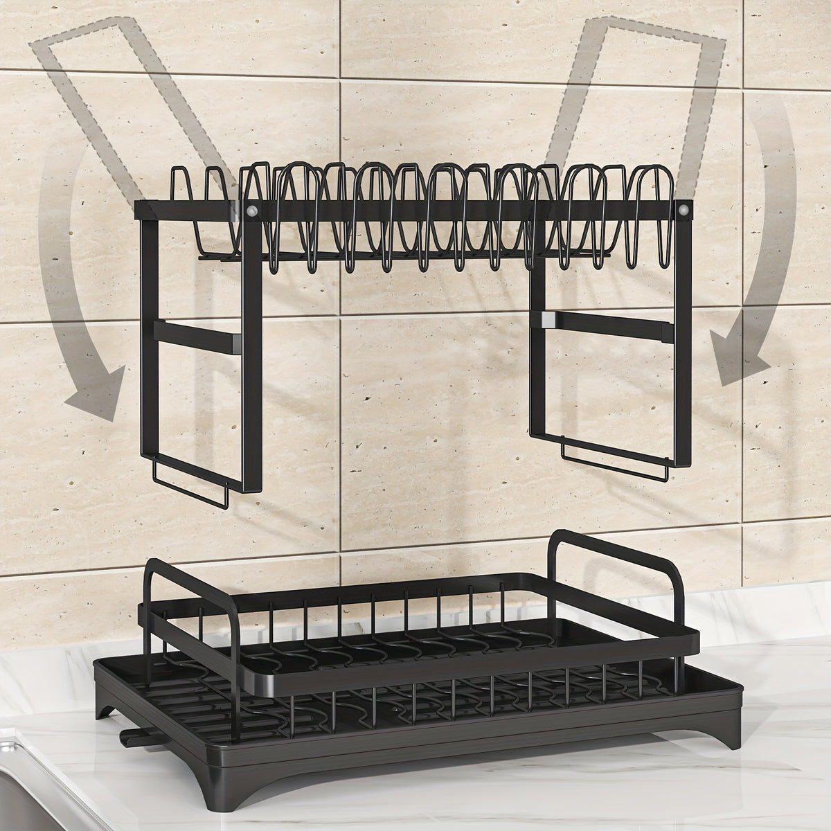 Water draining from dish rack directly into sink via drain board