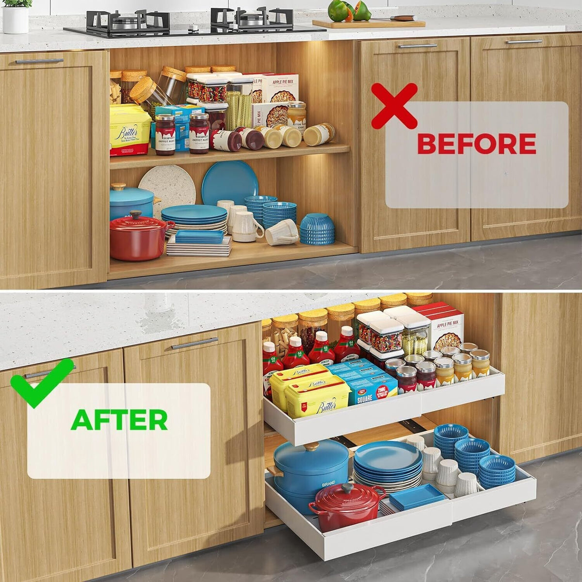 Expandable cabinet organiser fitting neatly inside bathroom vanity cupboard