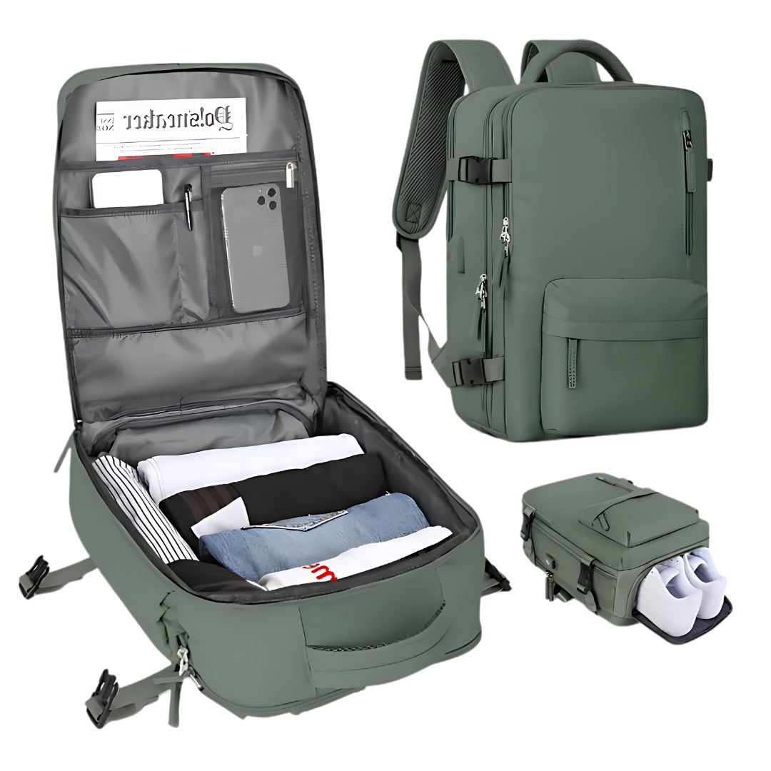 Expandable carry-on backpack fully packed with a week of clothes