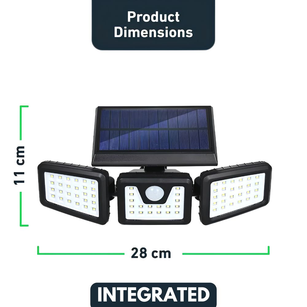 Solar flood light outdoor with bright LED illuminating dark side gate at night