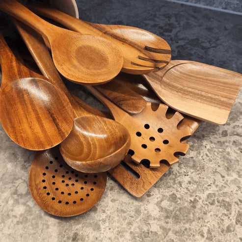 Natural teak wooden utensils for cooking