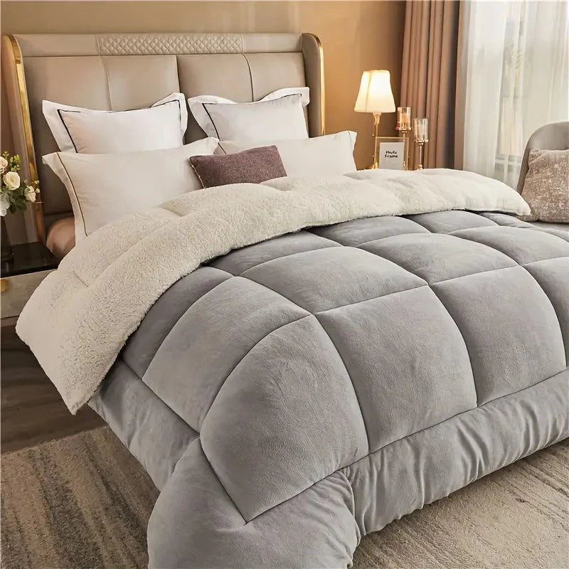 Gray comforter on a bed in a bedroom setting with pillows and decor.