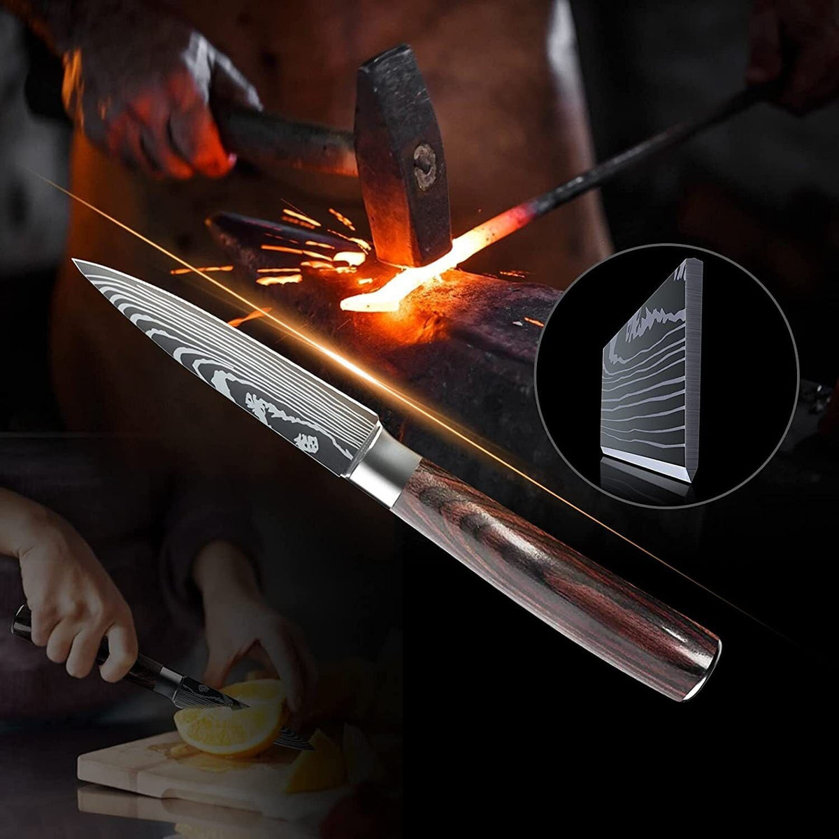 Damascus steel kitchen knife being hand forged with high carbon steel craftsmanship