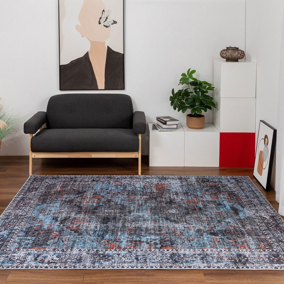 LuxeLounge rug in bedroom under queen bed