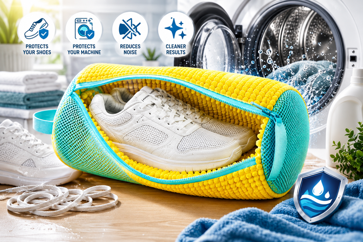 Shoe washing bag inside a front loader washing machine drum with towels for cushioning and balance