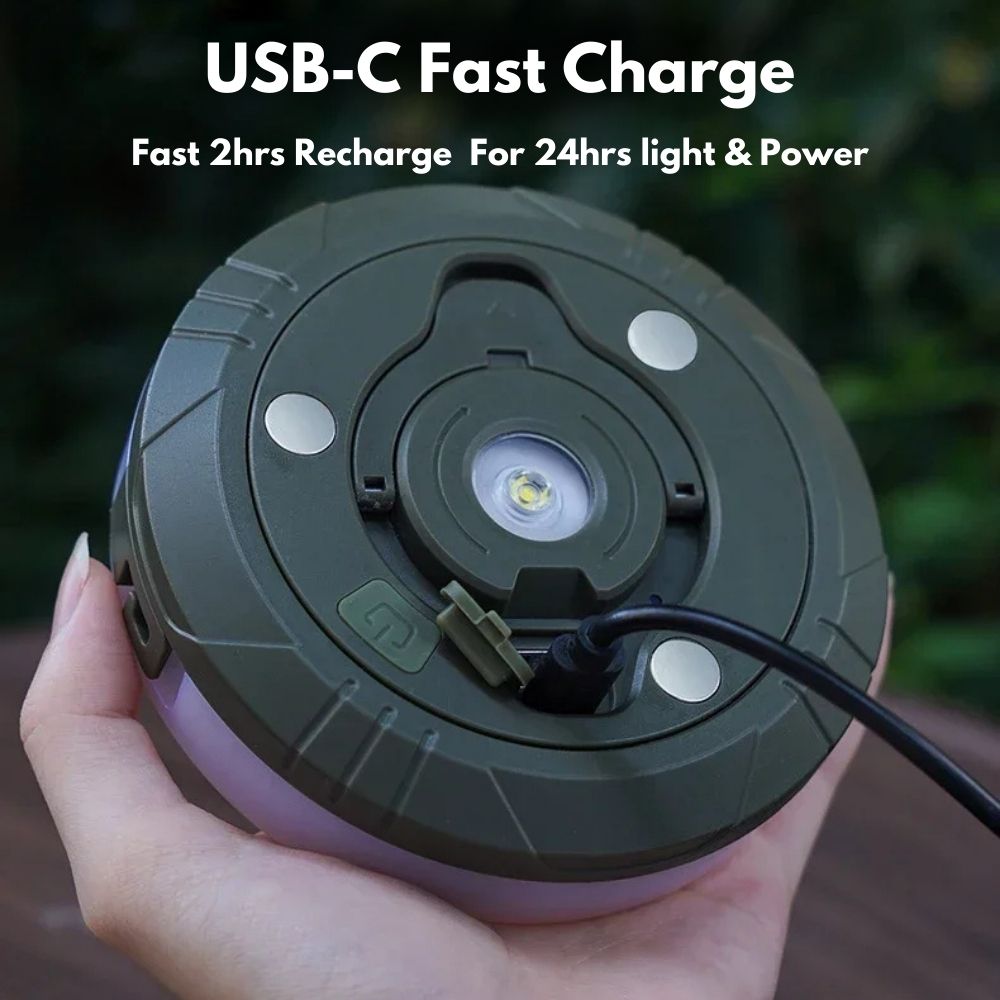 Rechargeable ProGlow camping light used during a backyard gathering