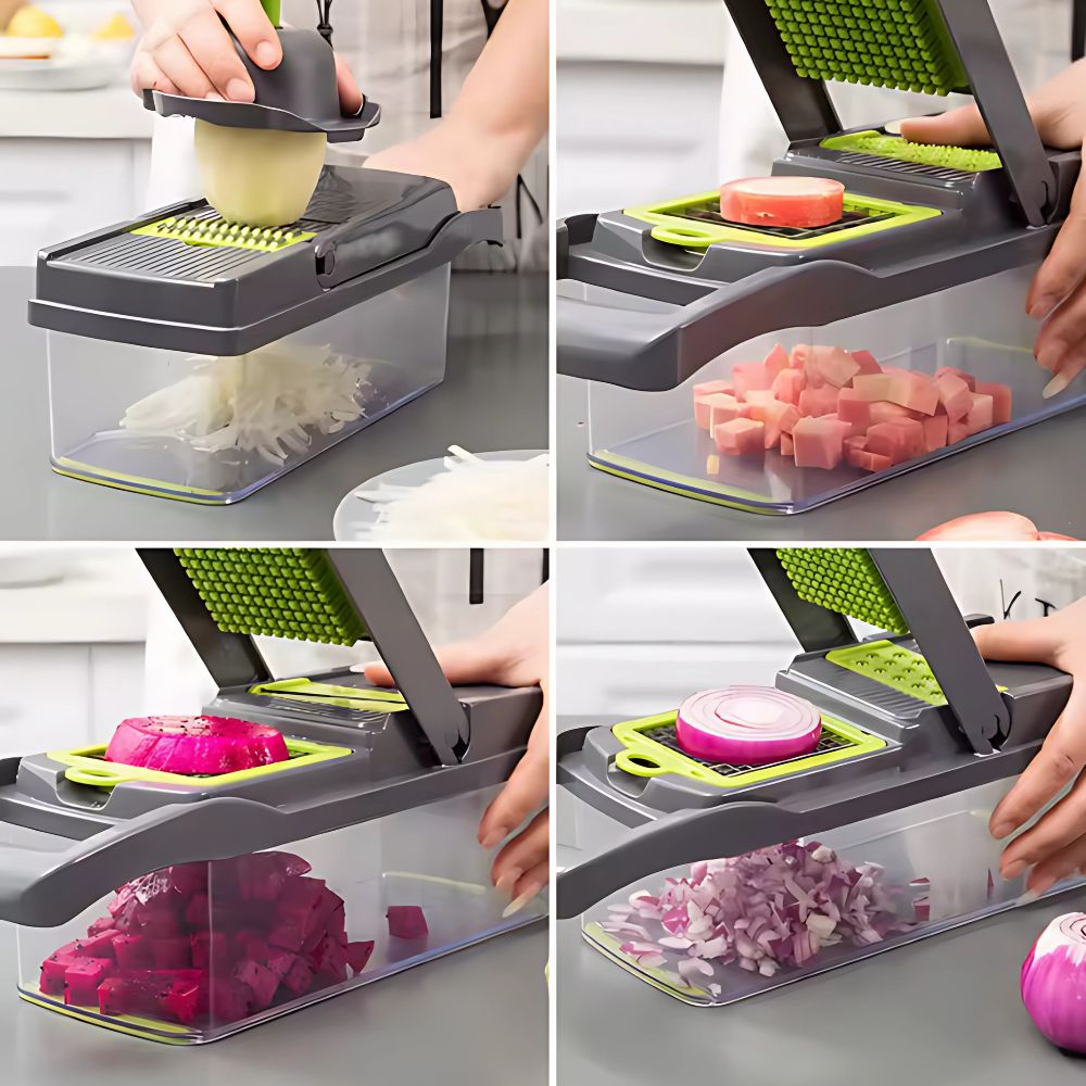 Collage of a person using a multi-functional kitchen tool to slice various vegetables.