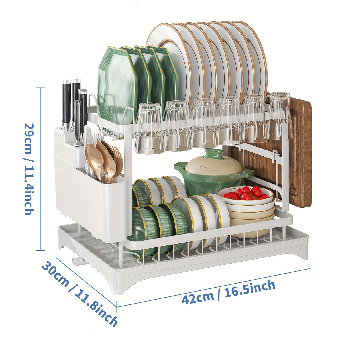 Rust-resistant steel dish organiser with knife slots and upper shelf

