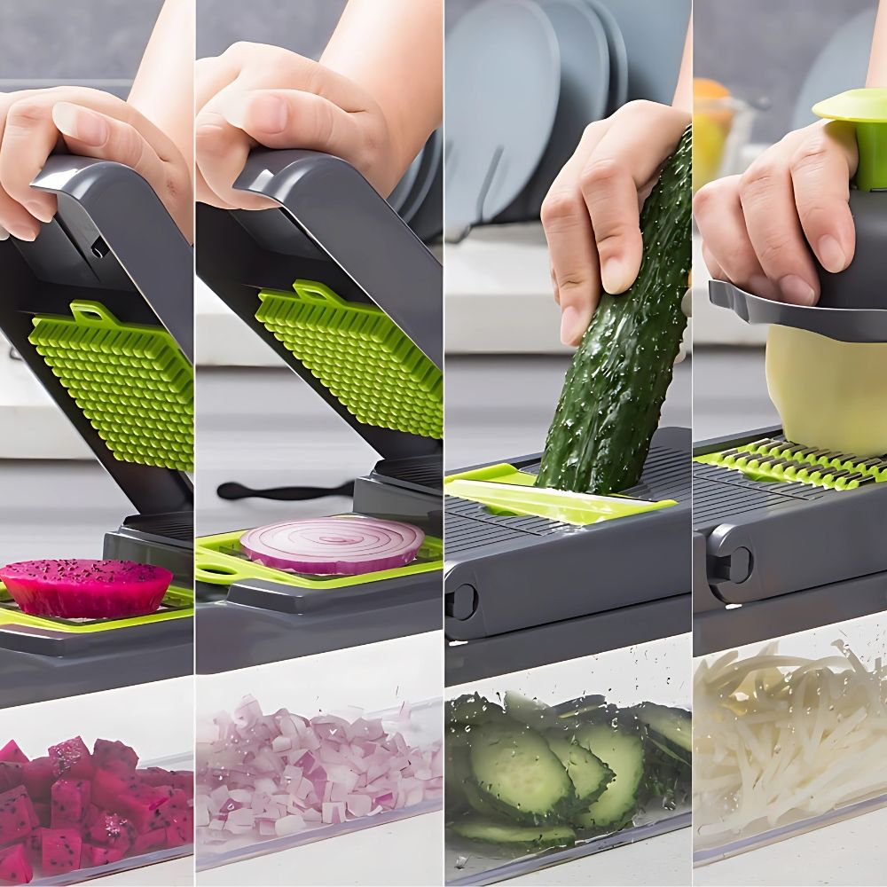 Multifunctional kitchen tool being used to slice vegetables with various settings.