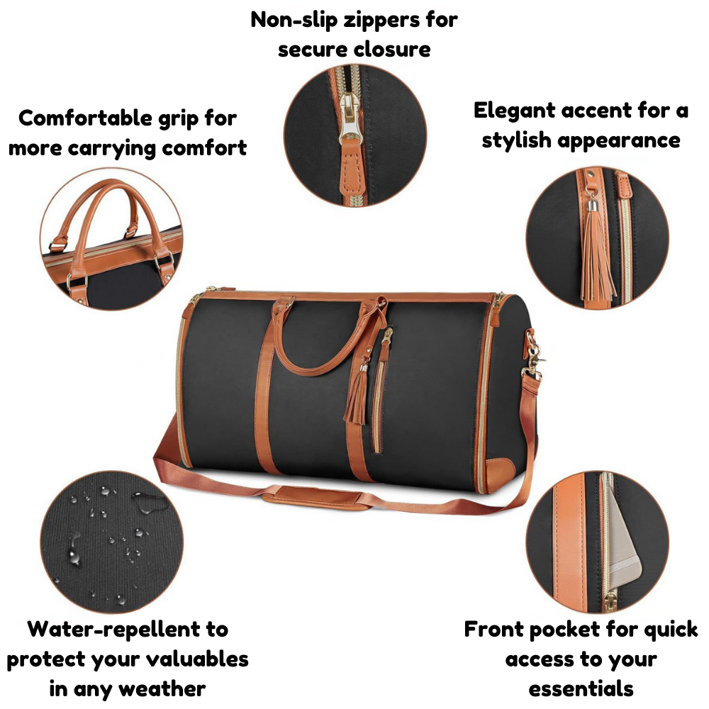 Airline-approved leather travel bag in cream and brown colourway

