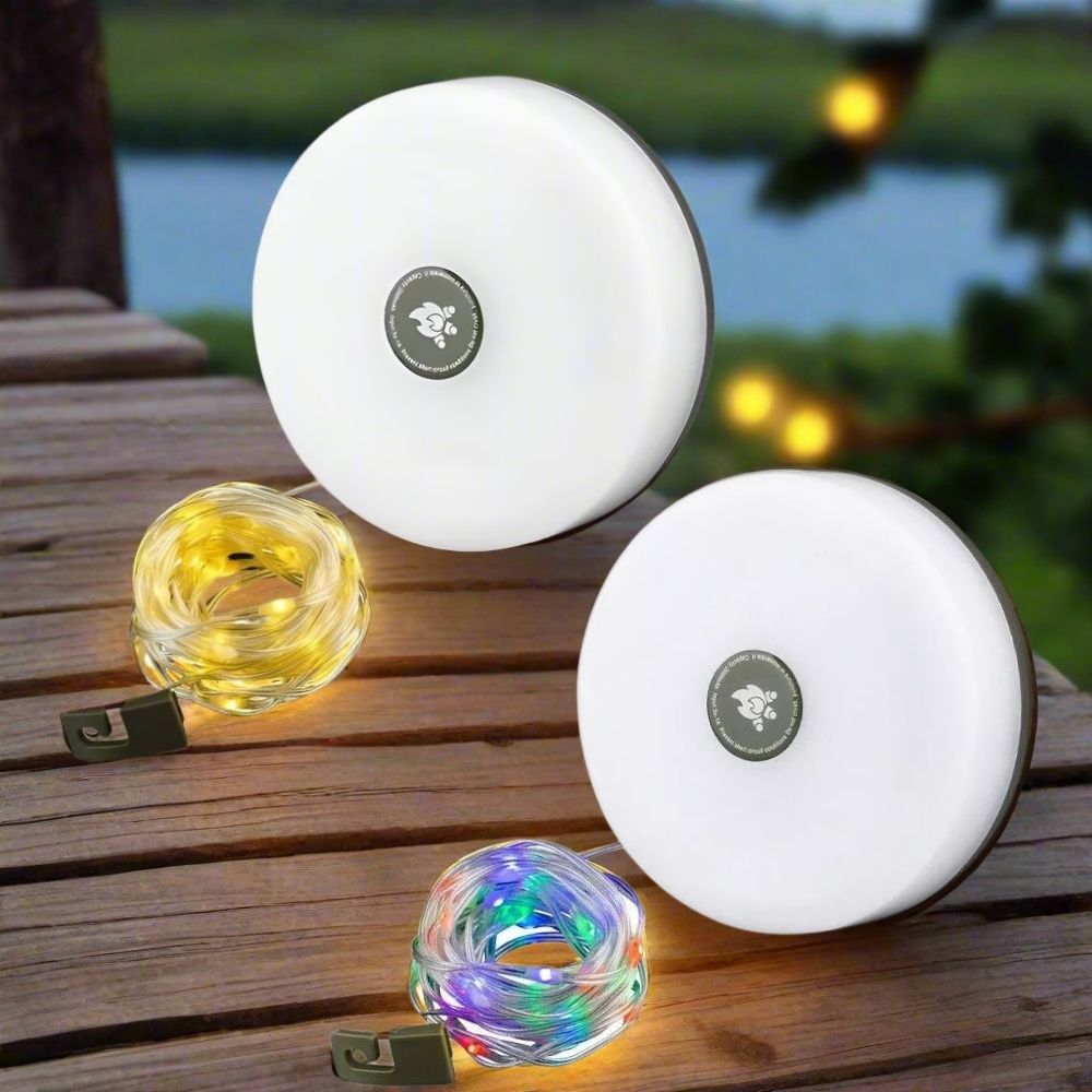 ProGlow 4-in-1 Portable String Light set up inside a camping tent at night