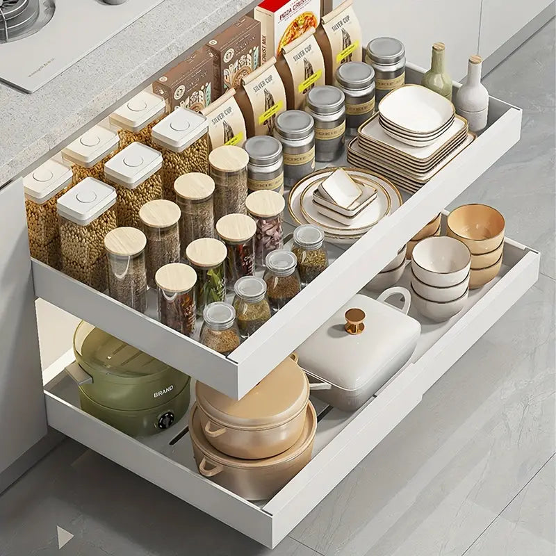 ProSlide pull out storage rack holding cleaning products under laundry sink
