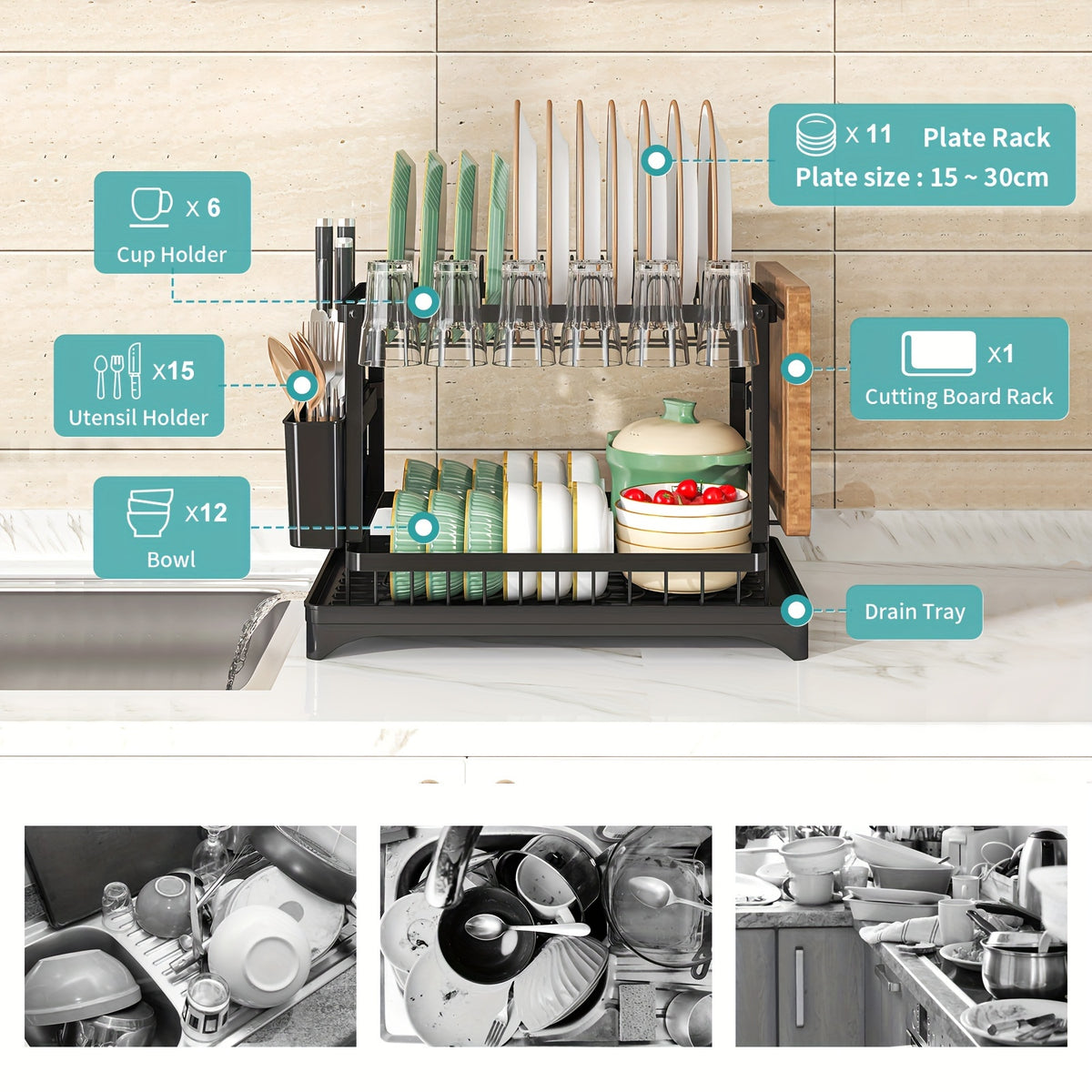 Cutlery holder with knife slots attached to side of dish rack

