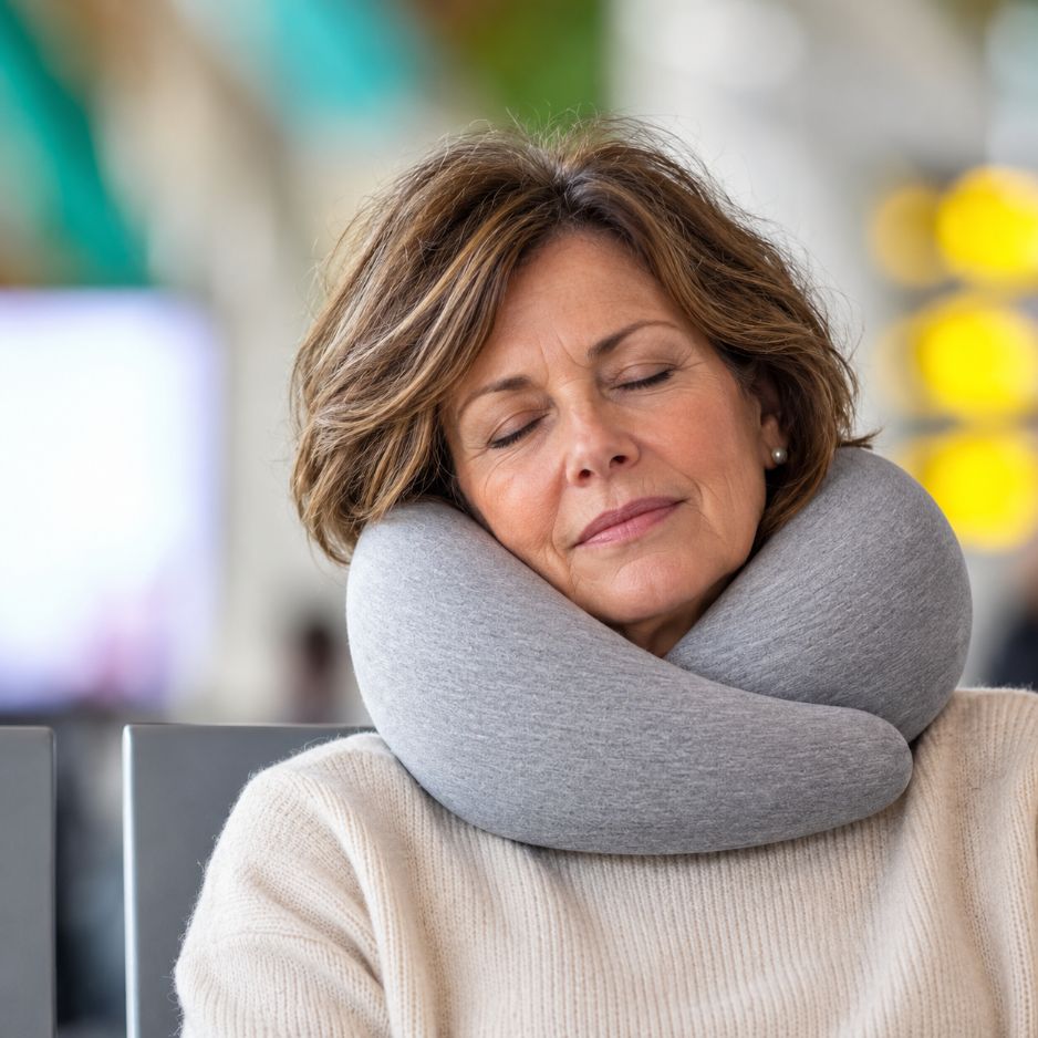 australian woman wearing ProRelief Memory Foam Travel Pillow for sleep during travel