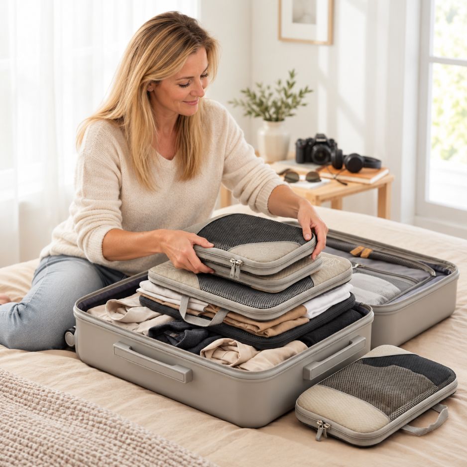 Compression packing cubes for travel with breathable mesh panels and durable zippers