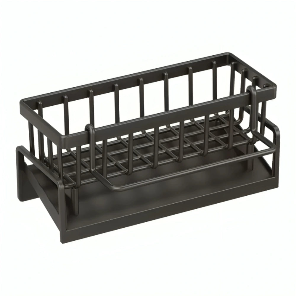 Stainless steel sink caddy beside kitchen sink