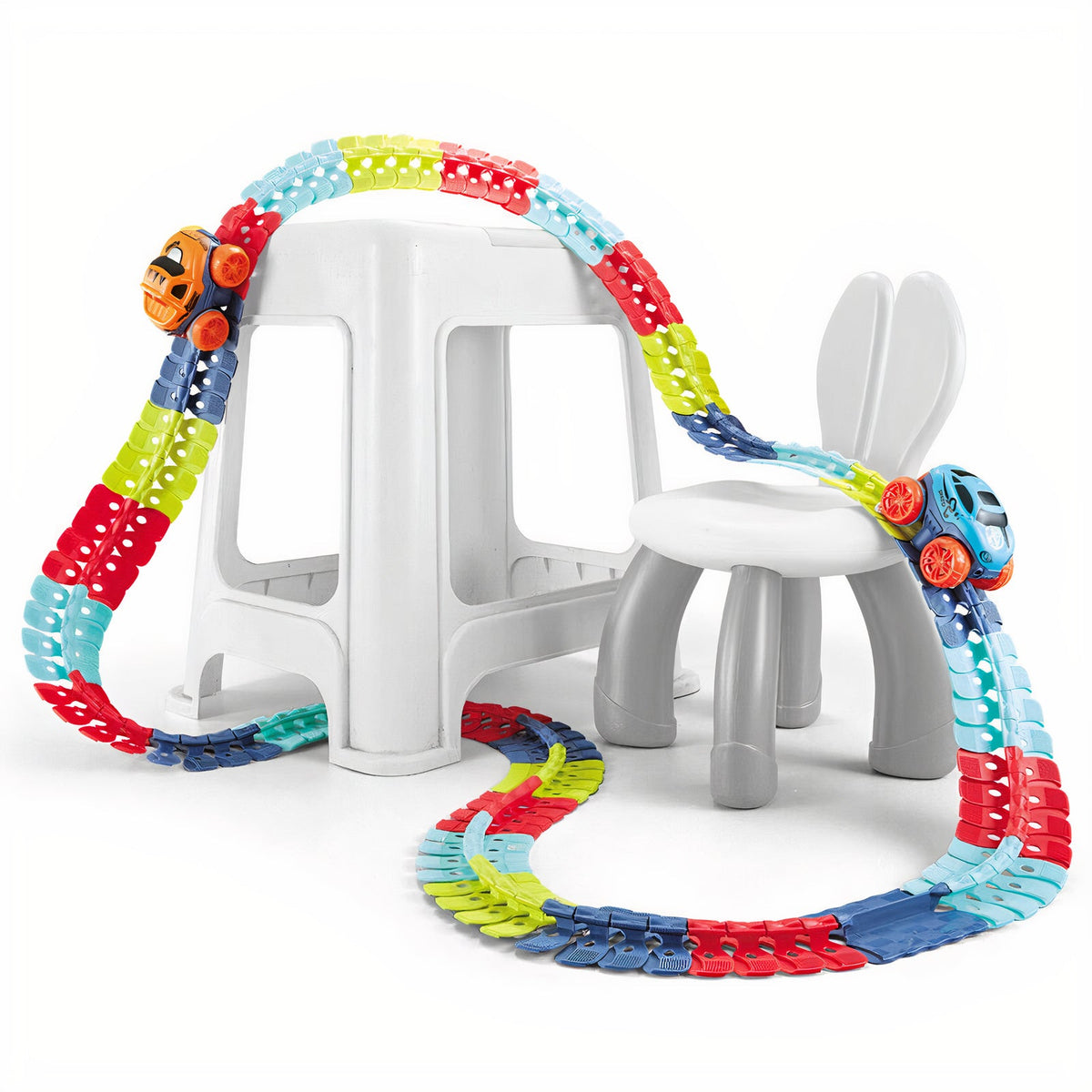 GlowRacer flexible track set with light-up race car on hardwood floor

