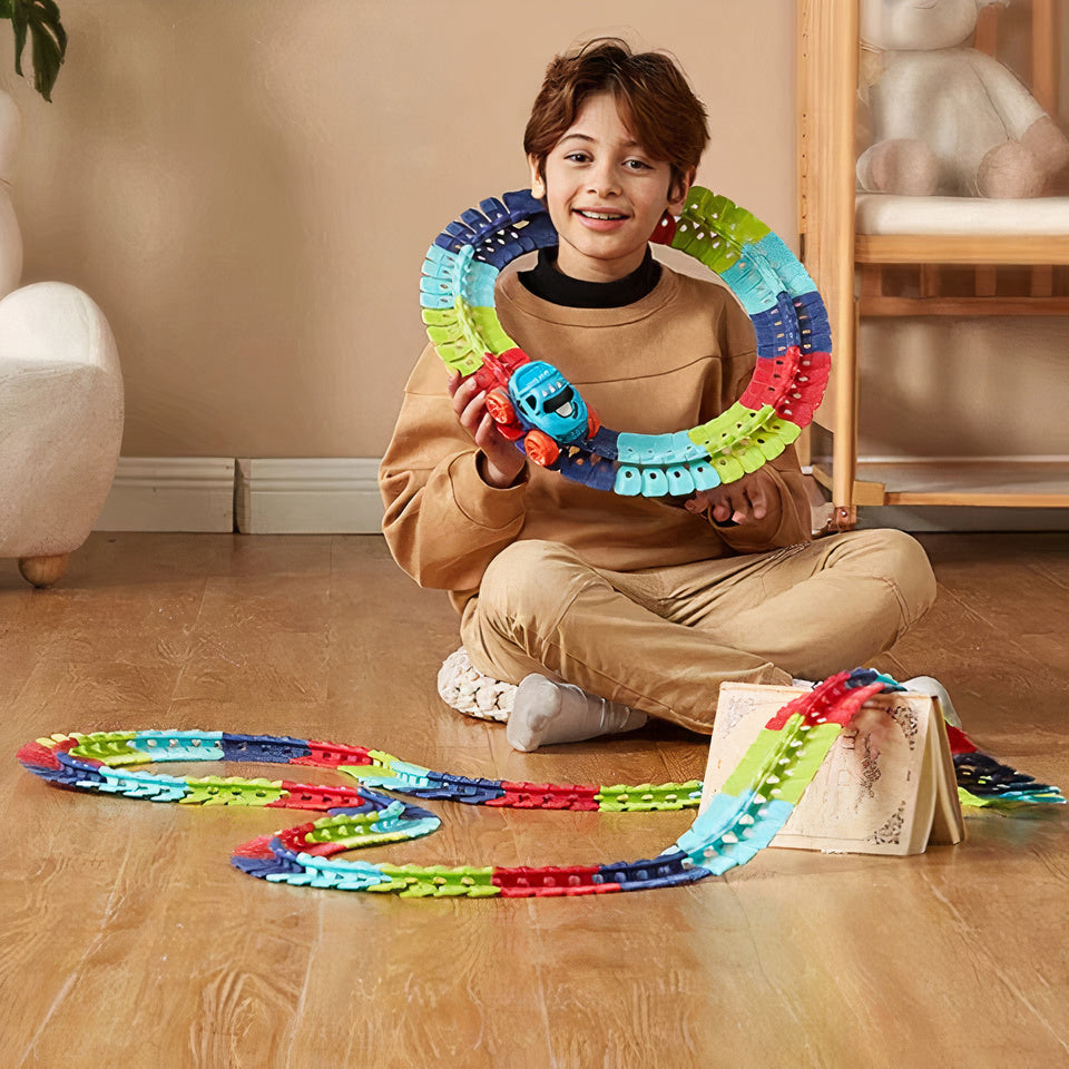 Bendable kids car track designed for hands-on STEM learning


