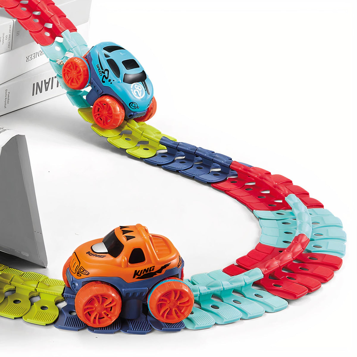 Snap-together track set with light-up car for creative racing fun

