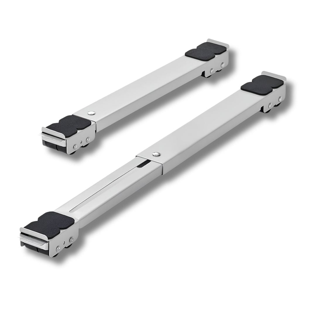 Pair of silver adjustable extendable appliance rollers with locking wheels and rubber grip pads