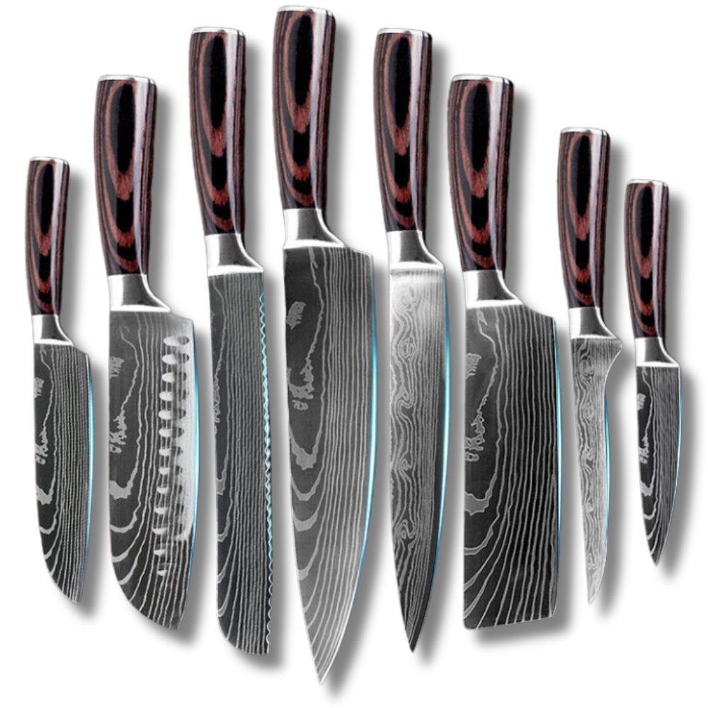 ProChef 8 piece Japanese Damascus steel knife set with ergonomic wooden handles
