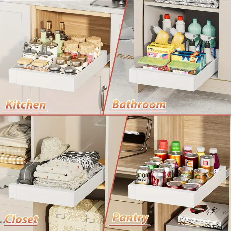 ProSlide chrome steel sliding shelf installed under kitchen sink for easy access
