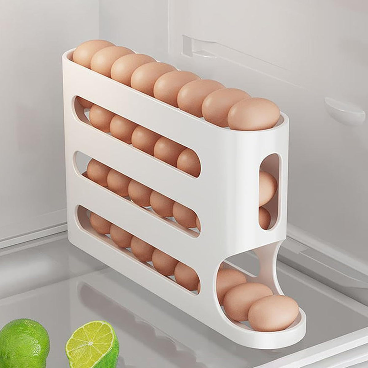 Space saving egg rack replacing messy cardboard cartons inside refrigerator
