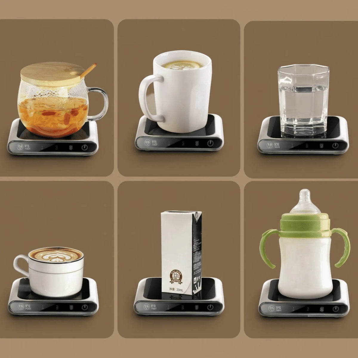 USB mug warmer with touch controls and LED indicator lights on desk