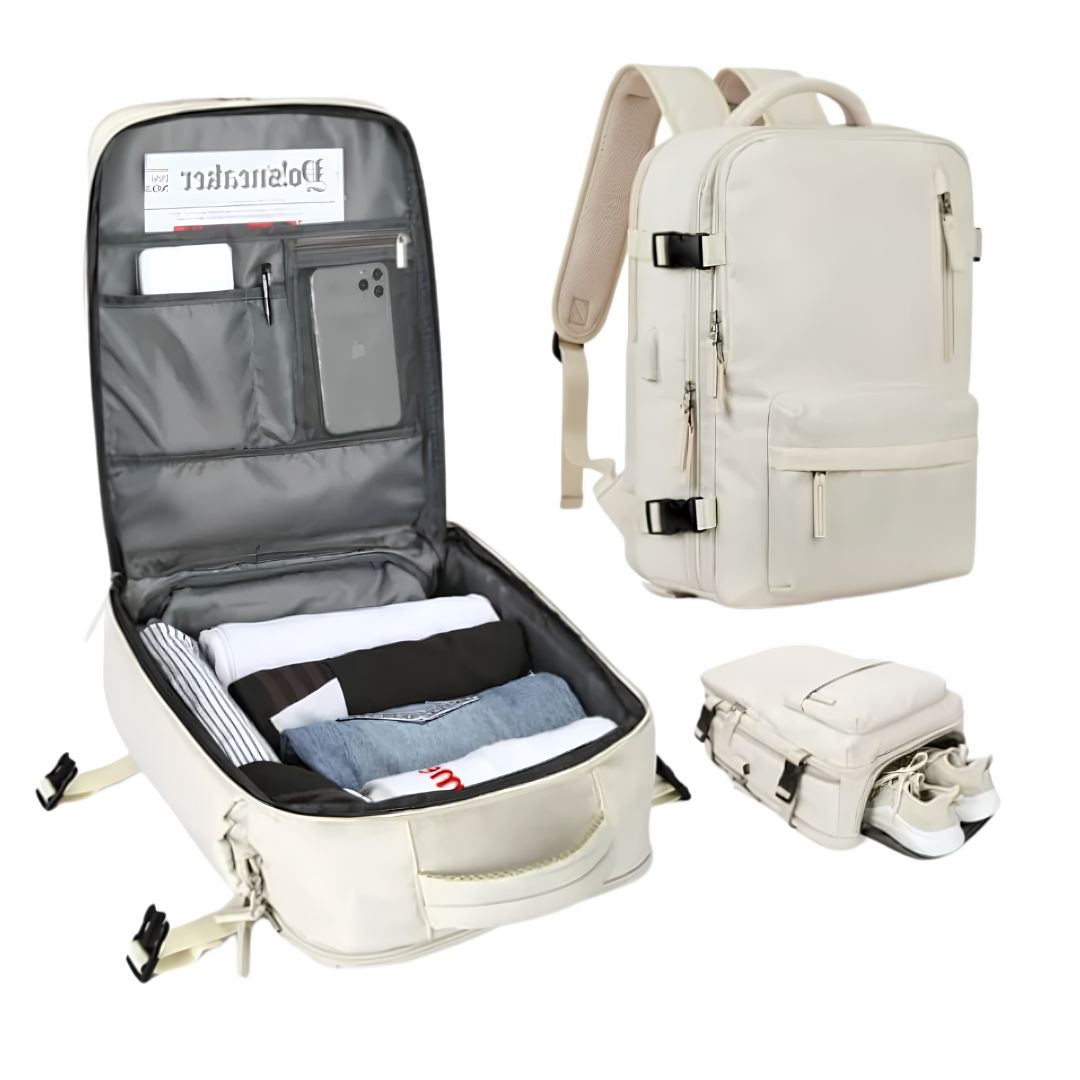 Waterproof travel backpack separate shoe compartment inside view