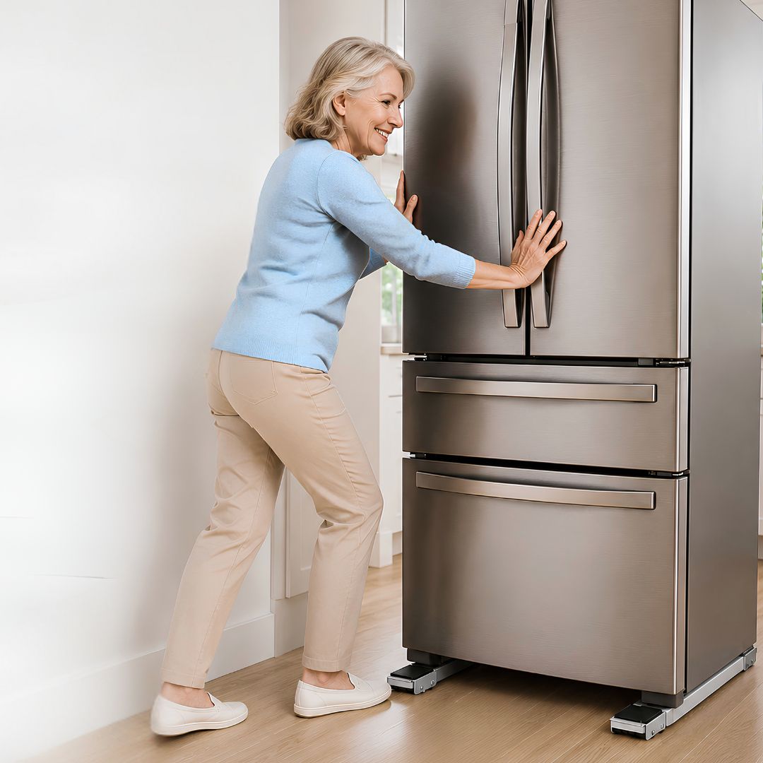 Woman easily rolling a large fridge on a heavy duty appliance roller stand with wheels