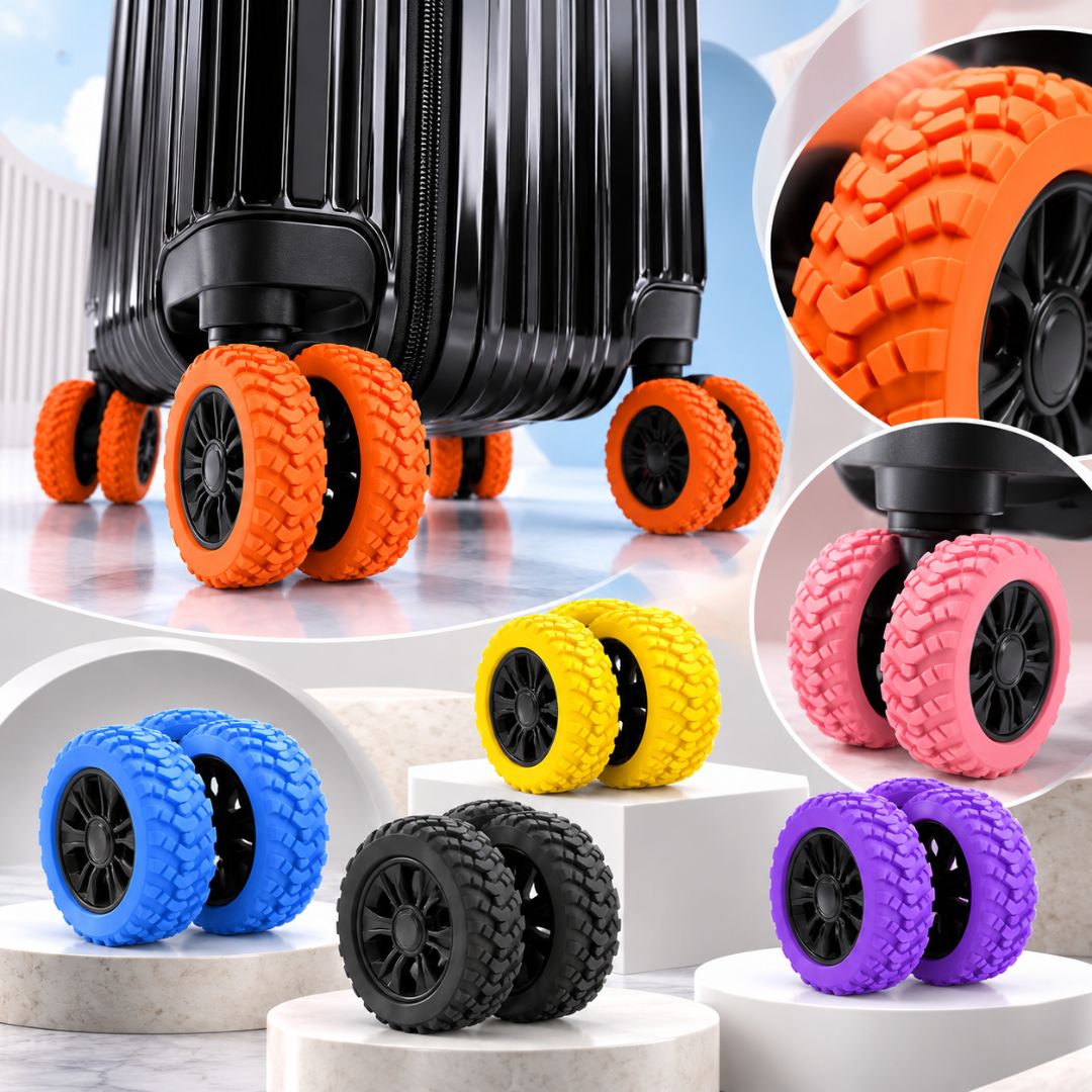 Silicone luggage wheel covers fitted on suitcase spinner wheels