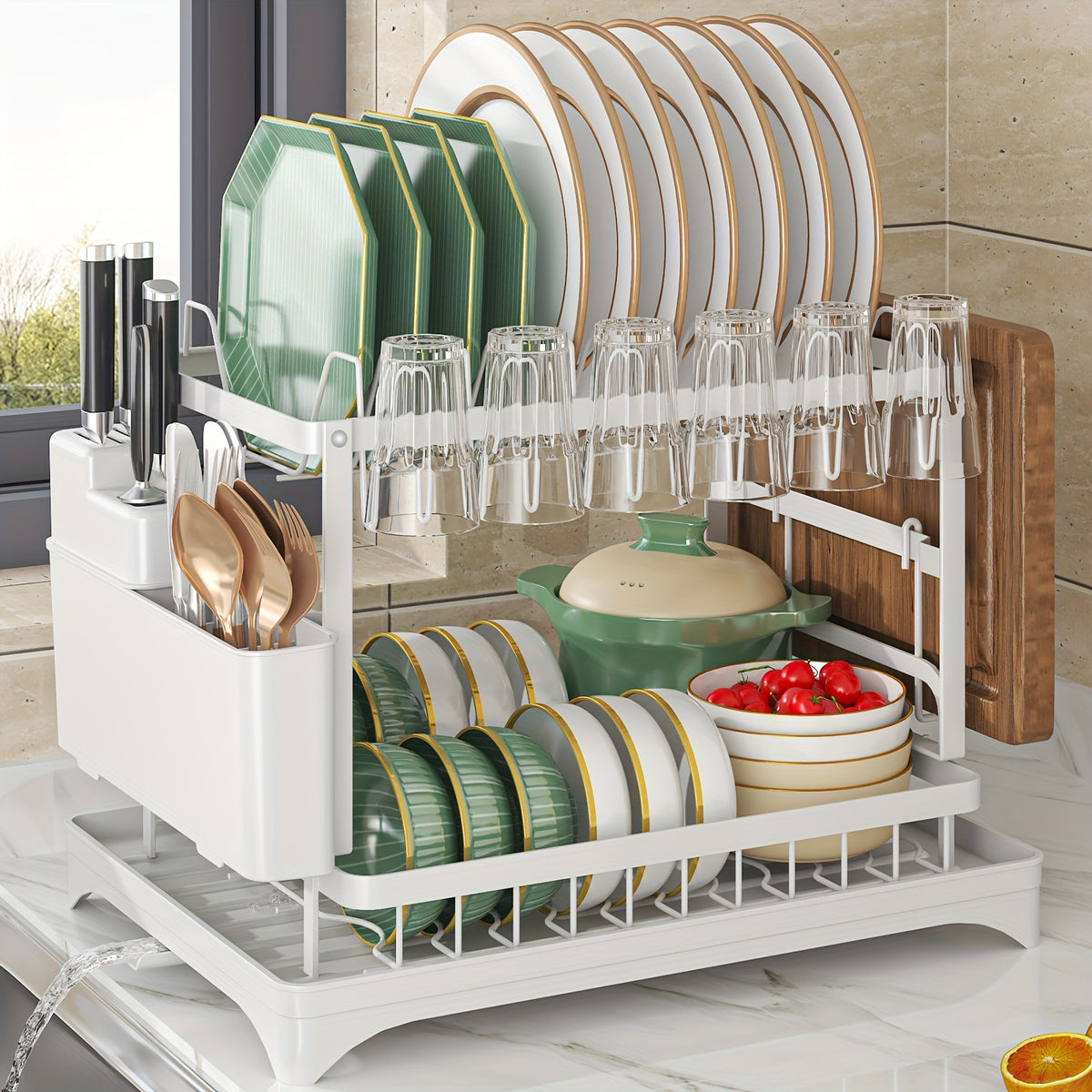 White TidyTier dish rack on kitchen bench with draining board over sink

