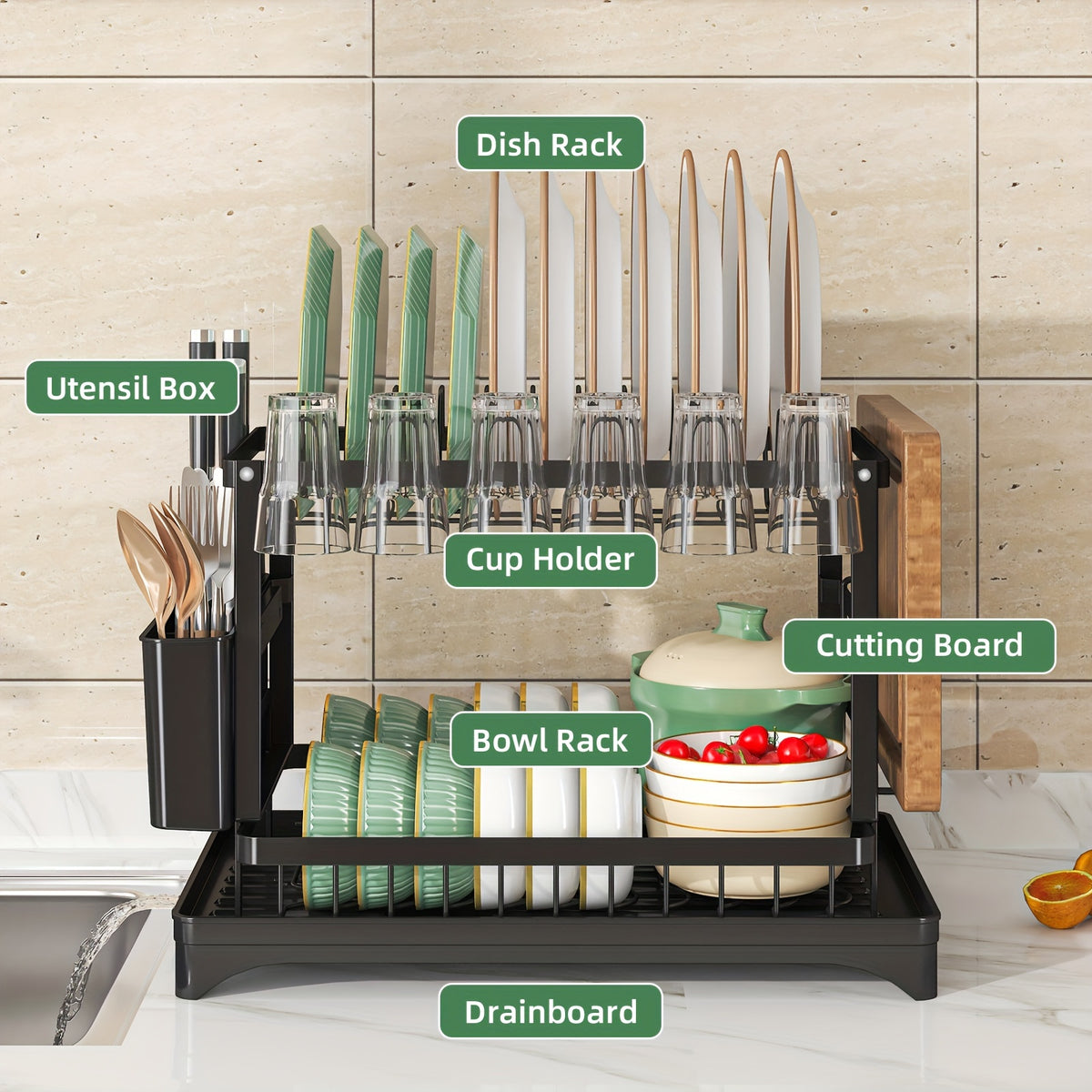 Compact kitchen dish rack with space-saving two-tier design

