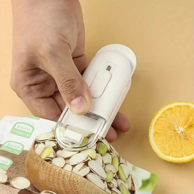 Using built-in cutter on FreshLock to open plastic food bag cleanly

