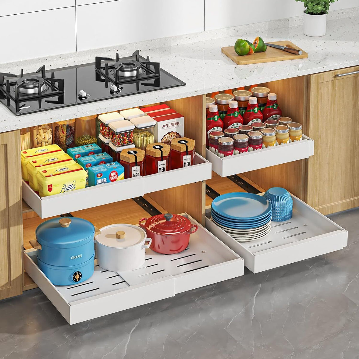 Pull out cupboard organiser with smooth glide drawer holding pots and pans

