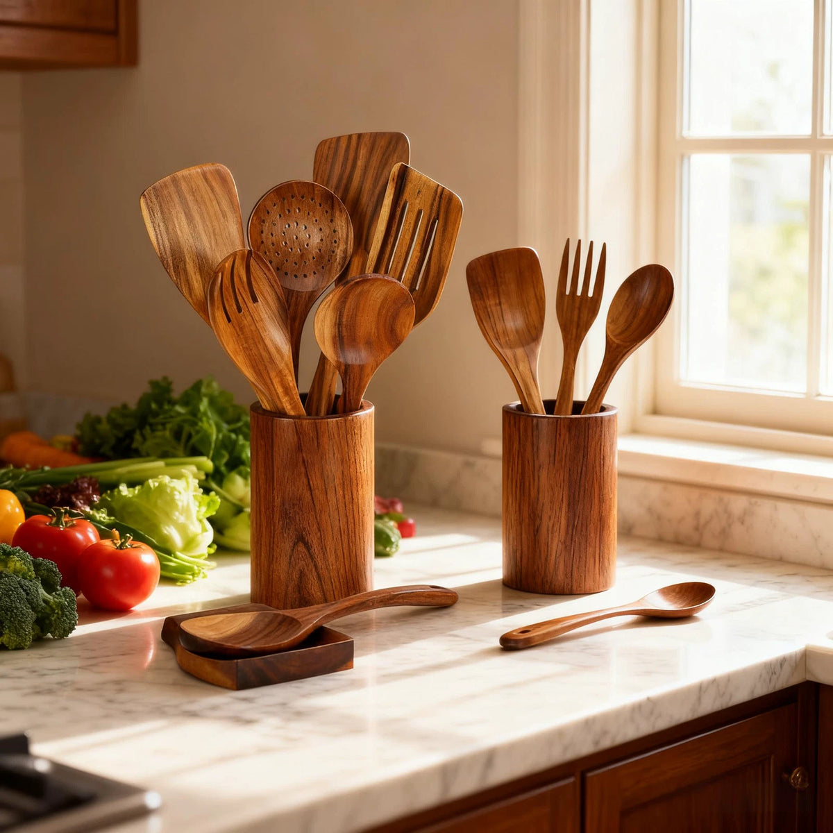 ProChef teak kitchen utensil set on bench