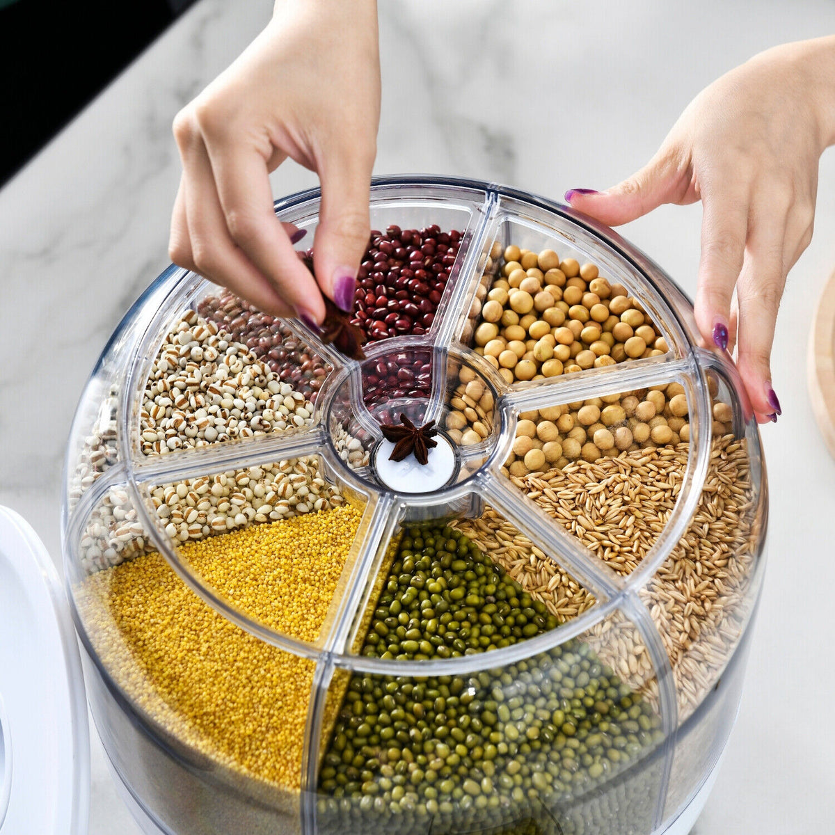 Family using SmartSpin Rotating Dispenser for snacks and cereals