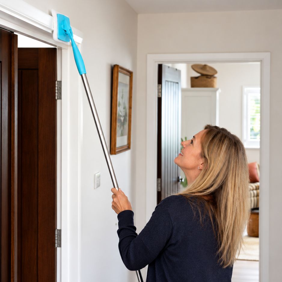 womn using ProEdge Skirting Board Cleaner to clean dust on top of door frame