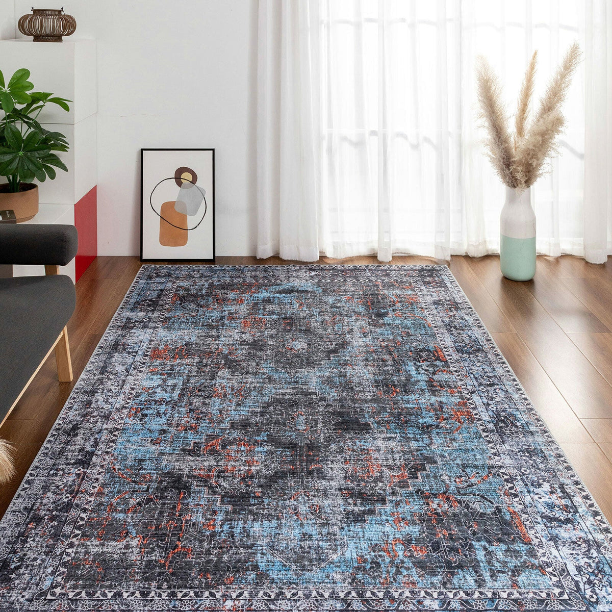 LuxeLounge rug rolled up and stored in basket


