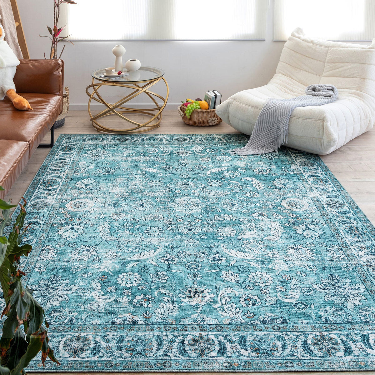 LuxeLounge rug in neutral beige on hardwood floor

