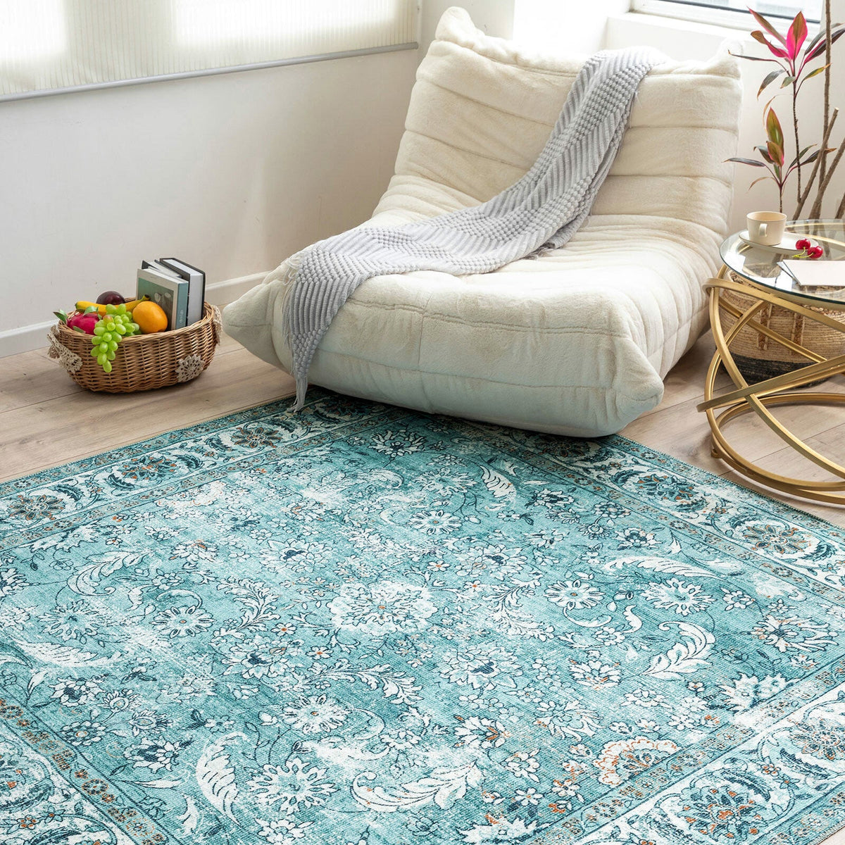 Washable area rug styled in minimalist home


